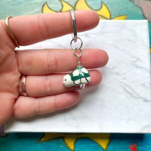 Green and White Ceramic Spotted Turtle Charm Key Chain